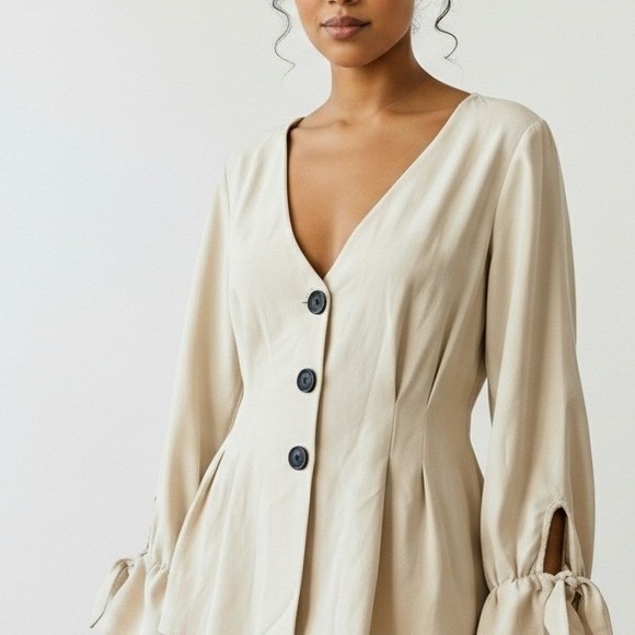 Forever 21 Tops - Forever 21 Womens Beige V Neck Button Front Blouse Top Tie Sleeve‎ Shirt S